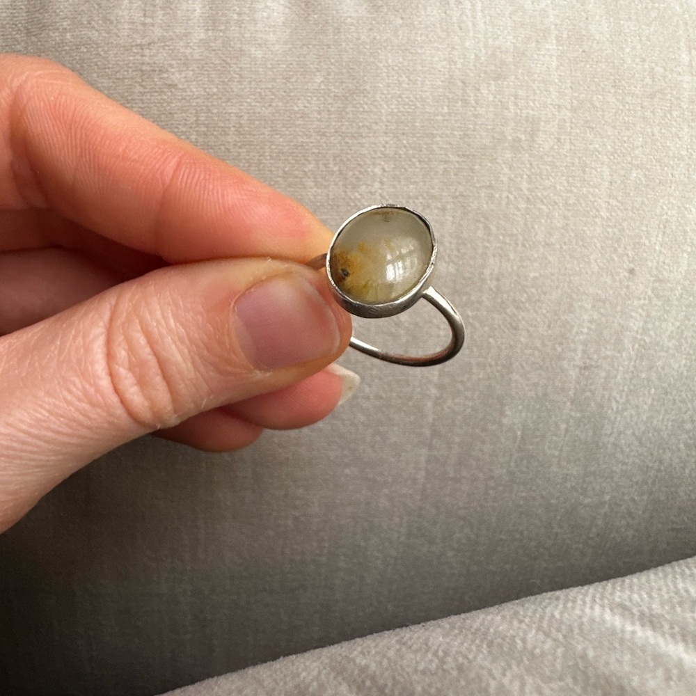 Sterling Silver Ring with Round Yellow-Gray Cabochon